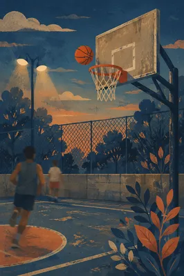 Blue Hour Basketball Hoop on Outdoor Court