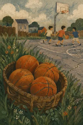 Worn Basketballs Beside Neighborhood Court Hoop