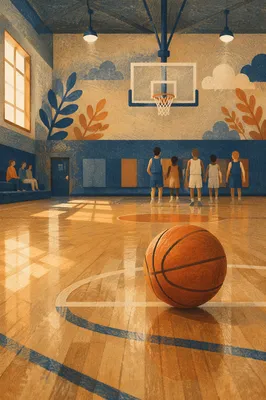 Reflective Basketball Court After Evening Game