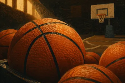 Close-Up Basketballs in Dim Indoor Gym