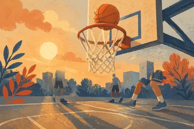 Golden Hour Basketball Hoop on Outdoor Court