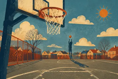 Sunny Neighborhood Basketball Hoop Scene