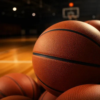 Close-Up Basketballs in Dim Indoor Gym