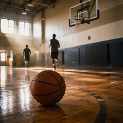 Basketball on Sunlit Community Gym Court