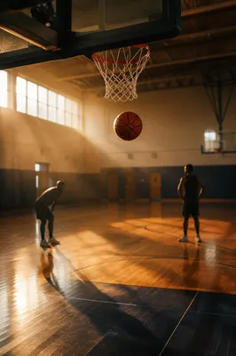 Basketball Arcing Toward Hoop in Community Gym