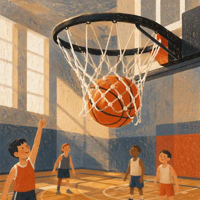 Basketball Swishing Through Indoor Gym Hoop