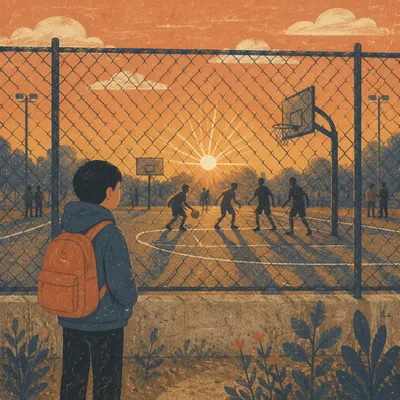 Sunset Basketball Hoop Behind Gym Fence