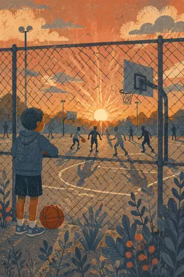 Evening Basketball Court Behind Chain-Link Fence