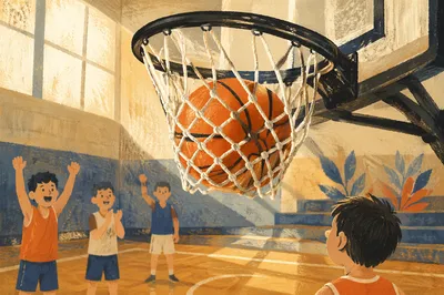 Basketball Swishing Through Indoor Gym Hoop