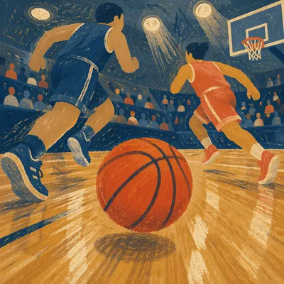 Indoor Basketball Action on Polished Court