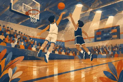 Indoor Basketball Action on Polished Court