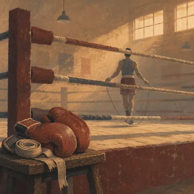 Dawn Boxing Training with Worn Red Gloves