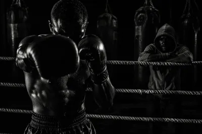 Gritty Monochrome Boxer Training in Ring
