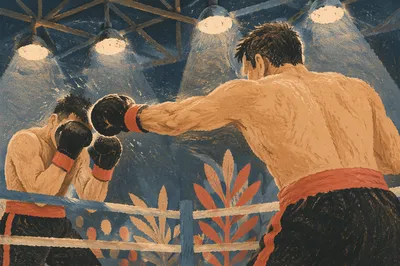 Intense Boxing Sparring Under Arena Lights