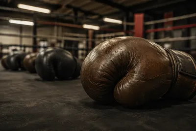 Worn Boxing Gloves on Training Ring Floor