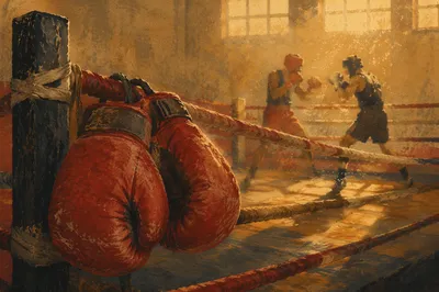 Worn Red Boxing Gloves at Dawn