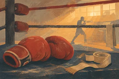 Worn Red Boxing Gloves at Dawn Training