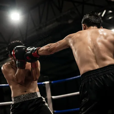 Intense Boxing Sparring Under Arena Lights