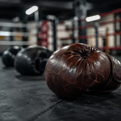Worn Boxing Gloves on Training Ring Floor