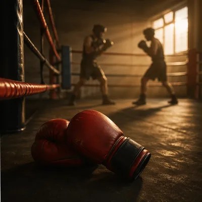 Worn Red Boxing Gloves at Dawn