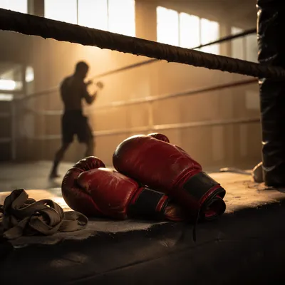 Worn Red Boxing Gloves at Dawn Training
