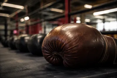 Worn Boxing Gloves on Training Ring Floor