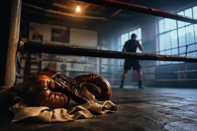 Worn Boxing Gloves in Dawn Training Gym