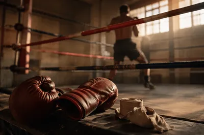 Worn Boxing Gloves in Dawn Training Gym