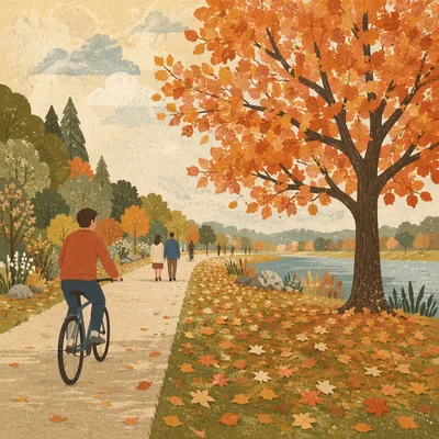 Autumn Park Cycling Path with Trees