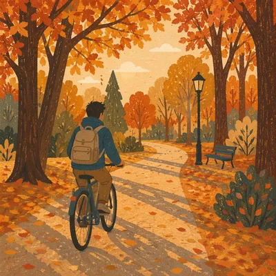 Autumn Park Cycling Path at Sunset