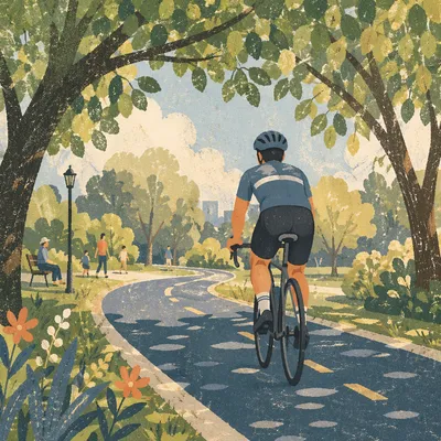 Morning Cyclist on Tree-Lined Park Path