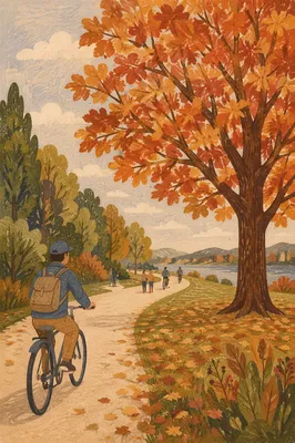 Autumn Cycling Path Through Park Trees