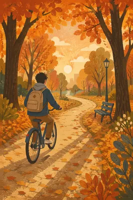 Autumn Park Cycling Path at Sunset