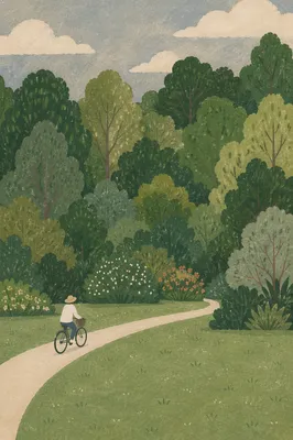 Cyclist on Curving Park Path