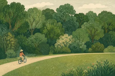 Cyclist on Curving Park Path