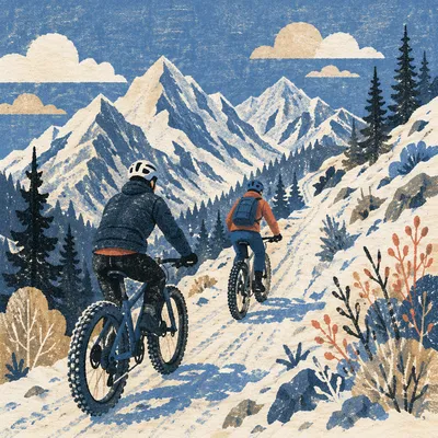 Cyclists on Snowy Alpine Mountain Trail