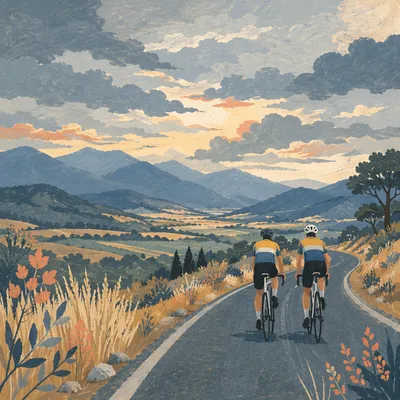 Mountain Road Cyclists Under Dramatic Sky