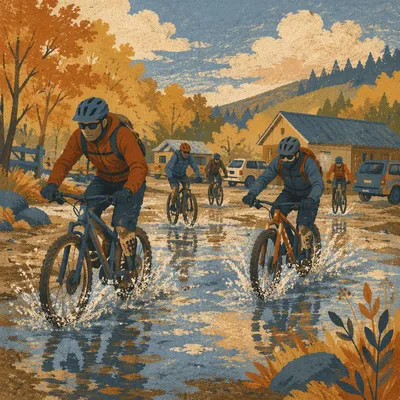Autumn Cyclists Splashing Through Rural Puddle