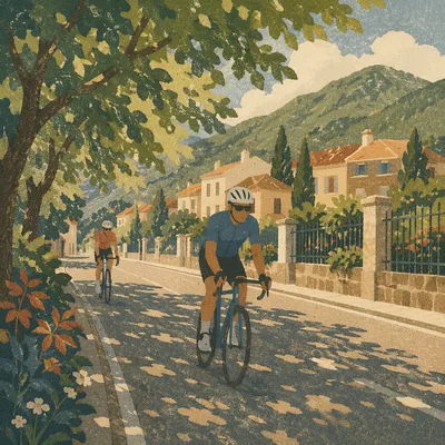 Morning Road Cyclists Near Mountain Town