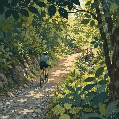 Cyclist Climbing Sunlit Mountain Forest Road