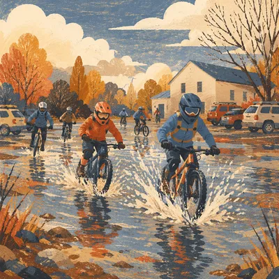 Cyclists Splash Through Autumn Mountain Puddle