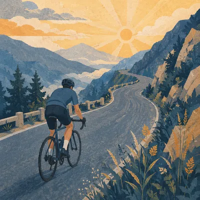 Cyclist Climbing Mountain Road at Sunrise