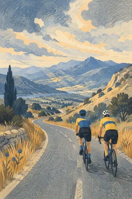 Mountain Road Cyclists Under Dramatic Sky