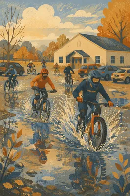 Autumn Cyclists Splashing Through Mountain Puddle