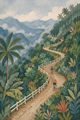 Mountain Cyclists on Misty Tropical Switchback Road