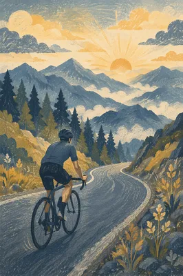 Cyclist Climbing Mountain Road at Sunrise