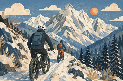Winter Mountain Cyclists on Snowy Alpine Trail