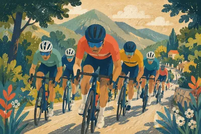 Mountain Road Cyclists in Sunlit Climb