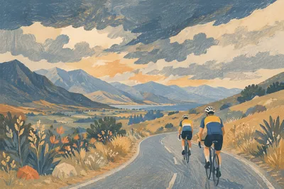 Mountain Road Cyclists Under Dramatic Sky