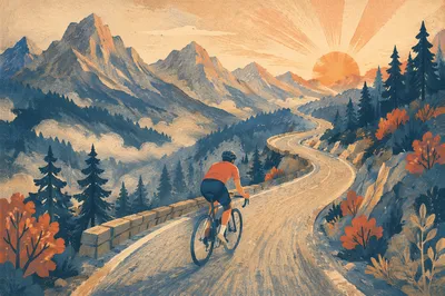 Mountain Road Cyclist at Sunrise Climb